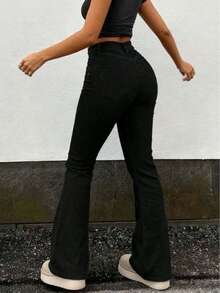Women's Black Denim Flare Leg Jeans Long Button Pocket Zipper Casual Sexy Party Style Medium Stretch Pants - màu đen - Xem 2