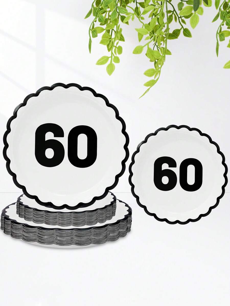 10个/20个/50个装 黑白相间 60岁生日扇形纸盘 庆祝60周年派对餐盘 男女通用 60岁生日周年纪念一次性花卉造型黑色蛋糕餐盘 派对活动节日用品装饰 - 黑色60歲 - 查看 1