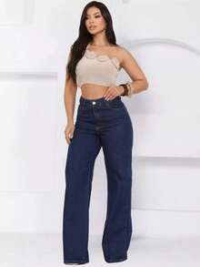 Women's Wide Leg Jeans, High Waist, Wide Leg, Dark Wash, Premium Summer Style, 100% Cotton. - Rửa tối - Xem 1