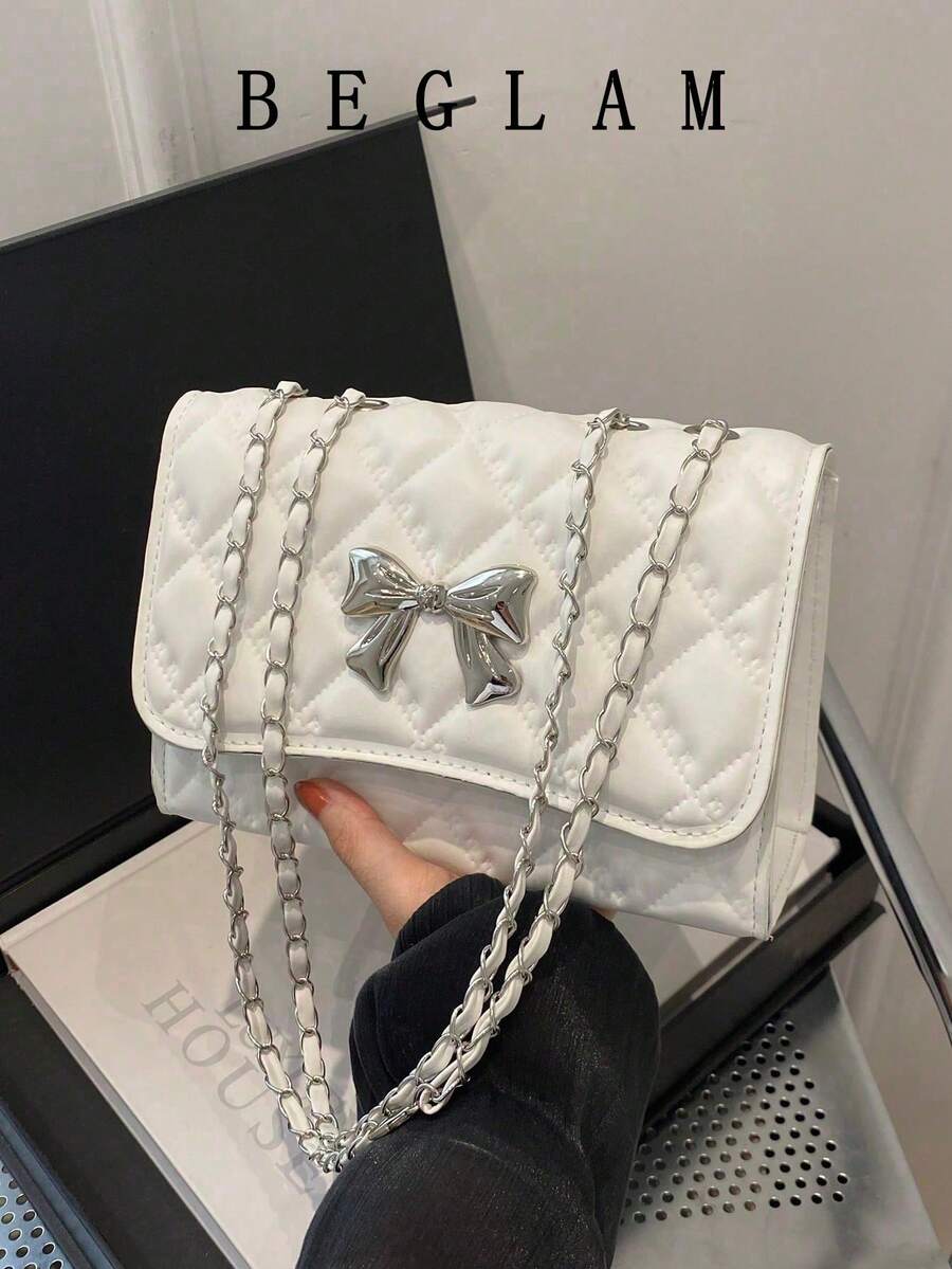 2024新款女士迷你时尚蝴蝶结装饰绗缝单肩包，优雅简约小链条斜挎包，复古风