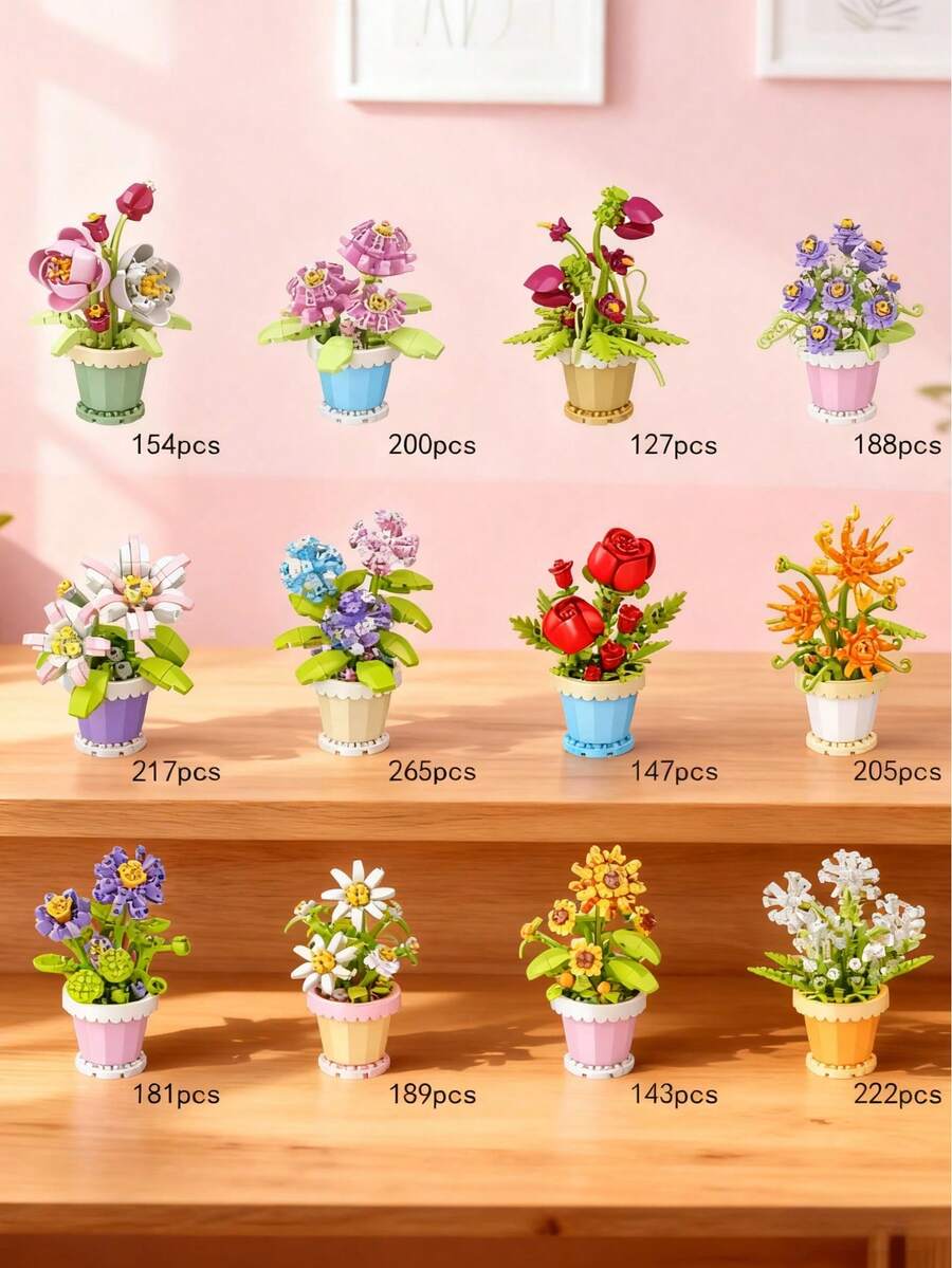 1 Micro Particle Potted Flower Building Blocks, DIY Colorful Flower Series Building Blocks, Decoration Bouquet, Suitable For Birthday, Father's Day, Mother's Day, Teacher's Day, Holidays, Weddings, Graduations, New Year, Christmas Gifts - Multicolor - View 1