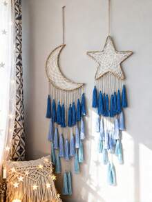 1 pieza Anillo de hierro con estrella y luna de tema de Ramadán con borla azul, decoración colgante, adorno de estrella y borla bohemio, estética vintage para sala, dormitorio y decoración festiva, arte de pared interior/exterior - Multicolor - Ver 2