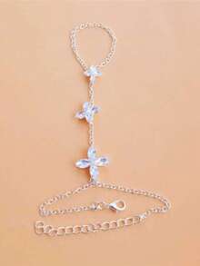 Cadena de dedo integrada con cristales de estilo minimalista y floral, accesorio diario - Plateado - Ver 2