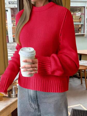 Just Masa New Year Women's New Winter Sweater Casual Solid Red Color Simple Daily Short Style Round Neck Long-Sleeved Sweater