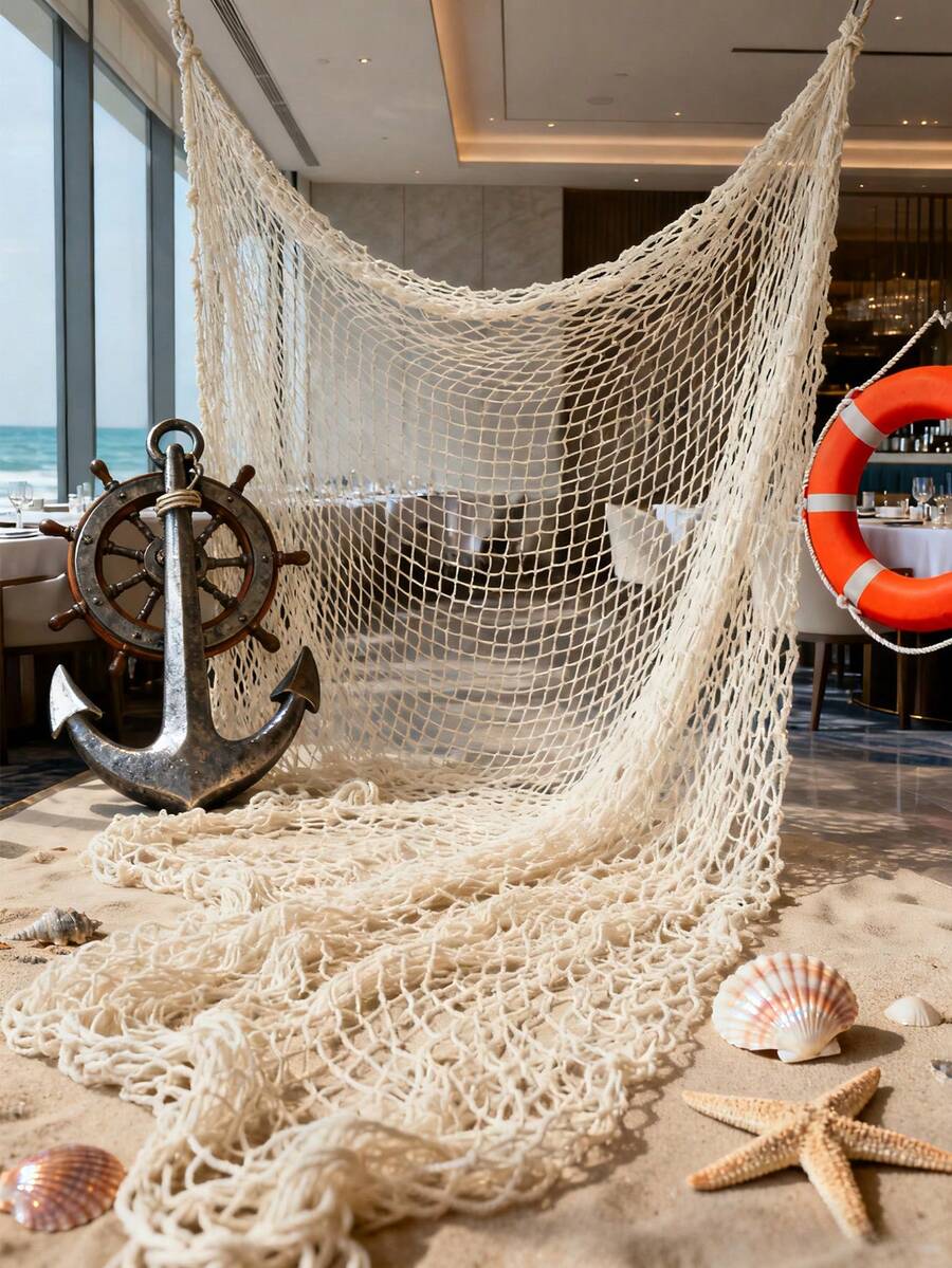 1pc Natural Cotton Hawaiian Party Fishing Net Decor, Nautical Theme Cotton Fishing Net Underwater, Pirate, Beach, Halloween Decoration - White - View 1