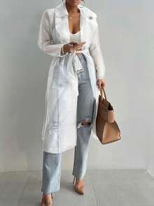 ChicMe Women's Sheer Mesh Long Sleeve See-Through Jacket Coat, Tie Front Button Down Long Windbreaker, Outdoor Apparel - Cream - View 2