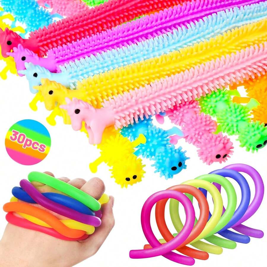 30 Piezas Juguetes de Cuerda elástica, 3 Estilos Juguete Sensorial para Aliviar el Estrés y Ansiedad, Recuerdos de Fiesta, Regalo para Navidad,Premios para Fiestas Infantiles,Cumpleaños (Multicolor) - 1 - Ver 1