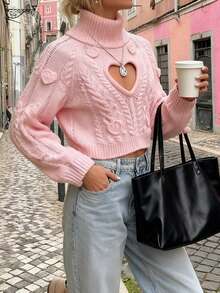 秋冬都市时尚休闲女士优雅毛衣，粉色毛衣，心形镂空3D花卉图案上衣，秋冬时尚舒适休闲百搭简约居家/通勤高领3D花卉装饰长袖针织套头衫，女士针织毛衣上衣 - 粉色 - 查看 2