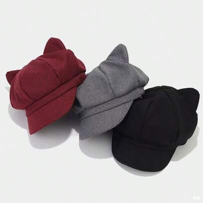 1 Piece Women's Cute Cat Ear Beret, British Retro Woolen Flat Cap, Newsboy Hat - Fashionable Elegant Casual Cute Style, Exquisiten Cat Ear Details, Soft And Warm Blended Wool Material, Structured Brim And Elastic Inner Strap, Easy To Fold And Store, Windproof And Warm, Multiple Colors Available, Perfect Winter And Autumn, Suitable For Daily Wear