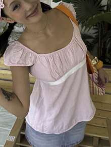 Women Y2k Babydoll Shirt Fairy Grunge Scoop Neck Cap Sleeve Polka Dot Tie Back Flowy Slim Fit Tee Vintage Aesthetic Ruffle Short Sleeveless 90s Preppy T-Shirts Teen Girls Going Out Tops Club Streetwear - 粉色 - 查看 2