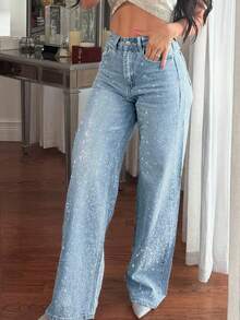 2025 New Fashion European And American Women's Loose Straight Leg Rhinestone Embellished Denim Maxi Pants Casual Vacation Spring - Light Wash - View 4