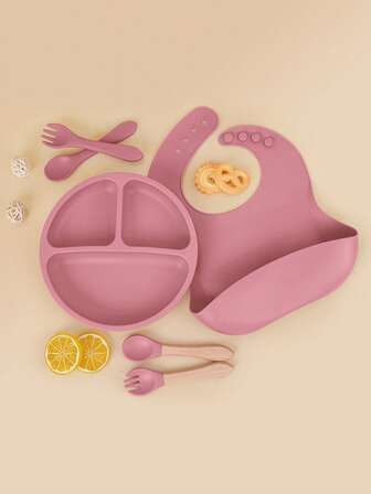 6PCS Silicone Baby Feeding Set,Baby Led Weaning Supplies Self Feeding Utensils,Divided Plate With Suction, Adjustable Silicone Bib, Silicone & Wooden Handle Spoons And Forks,Solid Food Eating Essentials, First Stage Utensils, 6+ Months