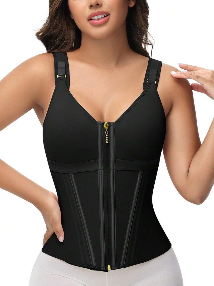 Waist Trainer Corset For Women Tummy Control Sport Workout Body Shaper Vest For Women Postpartum Gym Zipper And Hooks Pajama Tops - màu đen - Xem 1