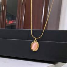 1pc Minimalist Faux Cat's Eye Stone Oval Pendant 18K Gold Plated Stainless Steel Necklace, Suitable For Women's Daily Wear - Oval Necklace - View 11