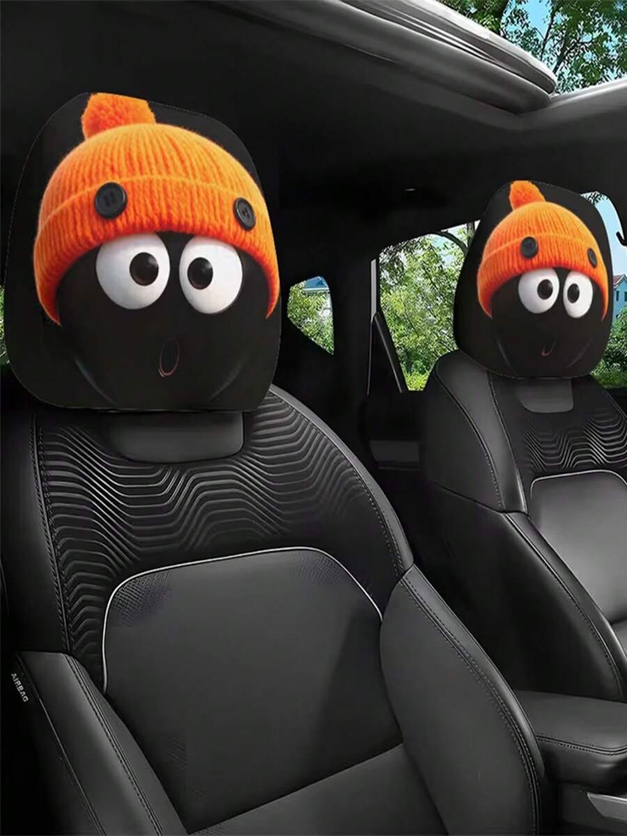 2 piezas, Fundas de reposacabezas de coche con estampado divertido de ojos grandes de punto naranja, sin material de relleno, fácil de instalar y lavar, ajuste universal para todos los vehículos, perfectas para viajes largos y por carretera - Multicolor - Ver 1
