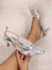 Women's Silver High Heel Shoes, Fashion Mesh Sequin Stiletto Heels, Fairy Style Summer New Pointed Toe Slip-On Pumps, Breathable Closed Toe Silver Sandals - Silver - View 1
