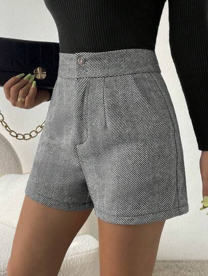 Women's Stylish Woven Fabric High Waist Wide Leg Shorts With Button Zipper And Pockets Short Length