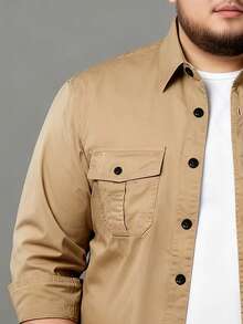 加大码男士卡其色纯色长袖衬衫，经典秋季新款休闲衬衫上衣 - 卡其色 - 查看 3