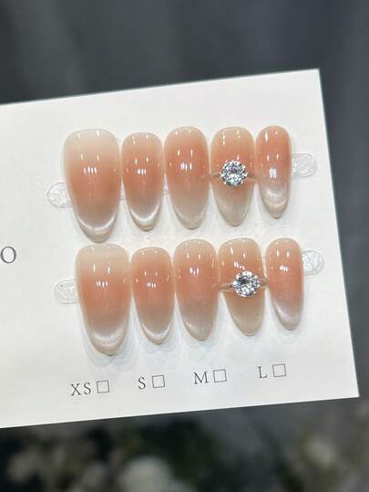 10pcs Handmade Nails Oval Nails Acrylic Press On Nails Medium, Minimalism Pink Nails, Blush Cheek Pink Gradient Flashy Cateye, Nail Gems Large Stone Ring Design Inlaid, Edgy Elegant Simple Winter Nails, Fall Press On Nails, Valentine's Day Nails, Party Daily & Dating Use Beach Tropical Getaway Suitable,DIY False Nail Art Suitable For Women & Girls As Gift Nail Supplies Handmade Press On Nails