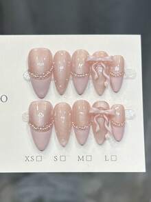10片手工美甲贴片，杏仁形/椭圆形，中号，柔和粉色，法式尖头，闪亮猫眼，极光粉波点，人造珍珠链3D蝴蝶结镶嵌，前卫优雅简约秋季美甲，秋季美甲贴片，冬季假指甲，情人节美甲，派对日常及约会适用，海滩热带度假风，DIY美甲，适合女性和女孩作为礼物，美甲用品，手工美甲贴片 - 粉色 - 查看 11