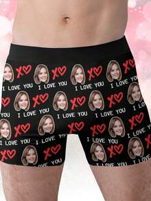 1pc Personalized Photo & "I Love You" Print Black Romantic Briefs For Men, Valentine's Day Gift, Full Of Love - Multicolor - View 4