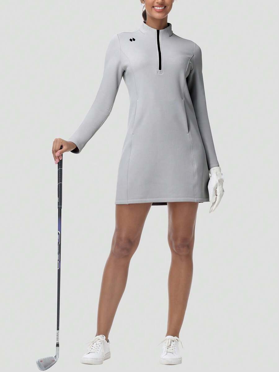 HOTSUIT Women's Lightweight Knit Fleece Dress, 1/4 Zip Long Pullover, With Kangaroo Pocket, 4-Way Stretch, Suitable For Spring Wear - Grey - View 1