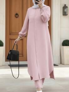 Women's Elegant Casual Solid Color Button Design Long Jacket With Lantern Sleeve And Long Wide Leg Pants Set, Fashionable Casual Elegant Cute Arabic Style Maxi Dress Two Pieces Set, Suitable For Spring, Summer, Autumn And Winter