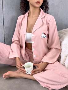 SANRIO [WONDER WORLD]2pcs Hello Kitty Women Collared Button Down Long Sleeve Shirt Pajama + Elastic Waist Pants Sleepwear Set - Pink - View 5