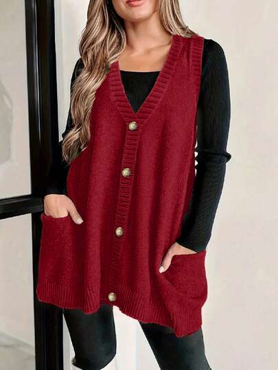 Plus Size Fall And Winter Plus Size Fashion Leisure Solid Color V-Neck Single-Button Pocket Design Cardigan Mid-Length Style Sweater Vest Suitable For Outdoor Travel Play Photo Wearing Brunch Outfits For Women