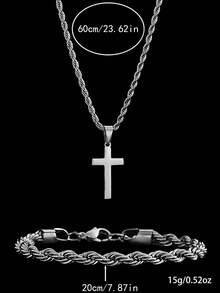 一套男士不锈钢十字架吊坠项链和休闲链手链首饰，适合所有季节佩戴，无窒息危险 - 彩色 - 查看 4