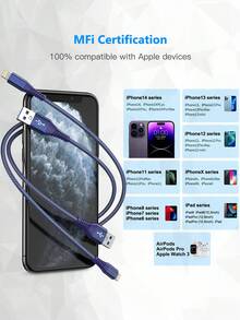 FCV Cable de datos de automóvil CarPlay azul, cable de cargador de automóvil, cable USB-A a Lightning, compatible con carga rápida y transferencia de datos, compatible con iPhone 14/13/12/11 Pro Max XR XS X 8 7 6 Plus SE - Azul - Ver 8