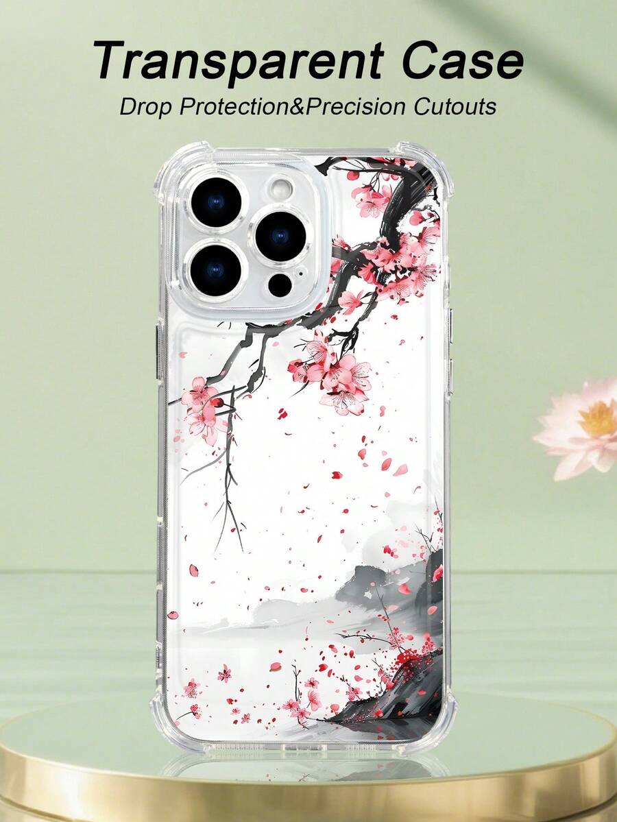 1 pieza Funda de teléfono con diseño de flores de ciruelo en estilo acuarela sobre fondo de paisaje montañoso, estilo artístico y tradicional, funda transparente resistente a golpes, ligera y con corte preciso, compatible con iPhone 17/16/15/14/13/12/11/XS/XR/X/PLUS/PRO/PROMAX, compatible con Galaxy A34/A35/A54/A55, Galaxy S20/S21/S22/S23/S24 Ultra/Plus, compatible con Moto/Galaxy/Redmi/Honor/OPPO, regalo de fiesta - transparente - Ver 1