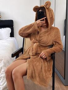 1件女士冬季抓绒睡袍，棕熊法兰绒长袖连帽长袍，3D立体耳朵设计，舒适优雅，居家度假皆宜。 - 棕色 - 查看 1