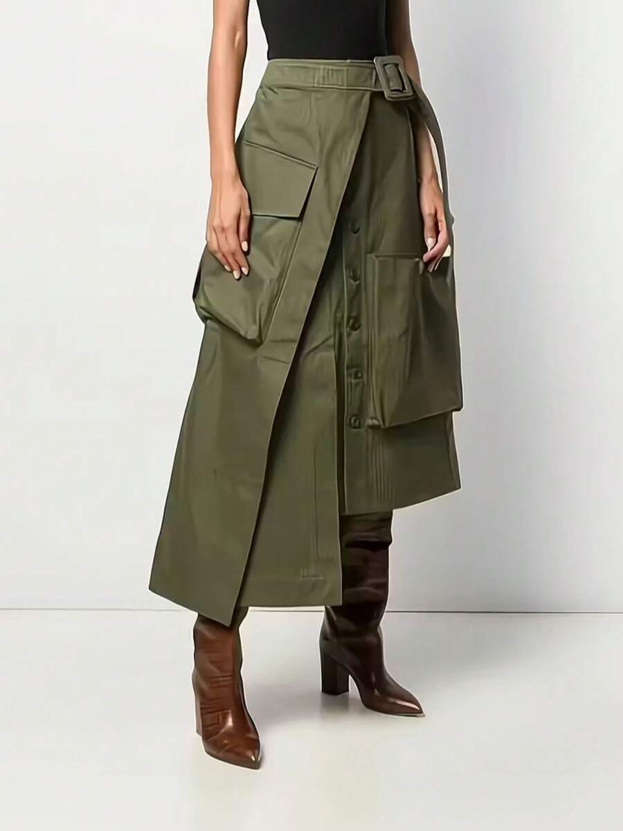 Women's Solid Color Asymmetric/Asymmetrical Casual Skirt, Suitable For All Seasons, Black Cargo Skirt