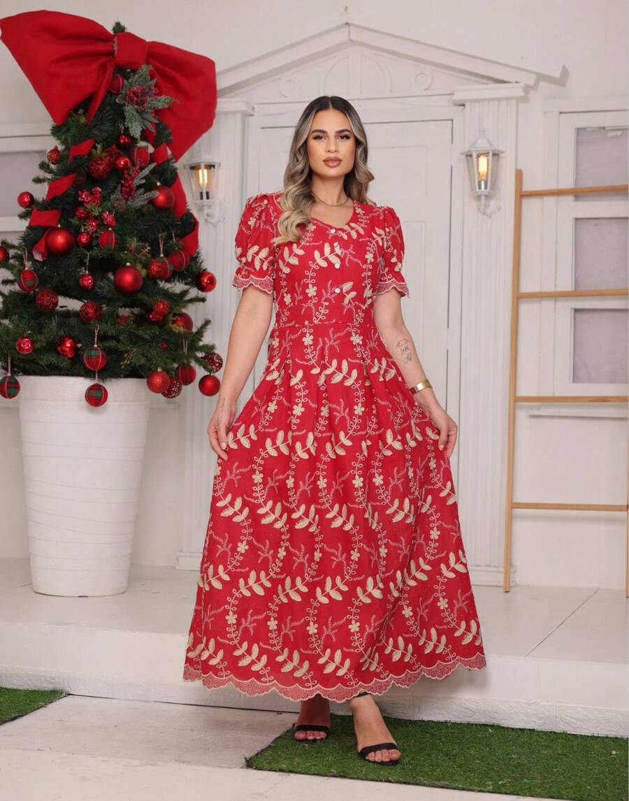 Vestido FEMININO elegante   Simples    Bordado    Botão    feminina  todos