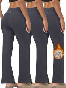 3 Pieces Of Women's Casual Solid Color Drawstring Waist Sports Pants, Women's Solid Color Thermal Insulation Pants, Sports Yoga Pants, Casual Sports Pants, Outdoor Sports Pants, Wide Leg High Waist Side Pocket Casual Pants, Autumn And Winter Daily Casual Graduation And School Clothes, Female Teacher Clothes - 灰色 - 查看 1