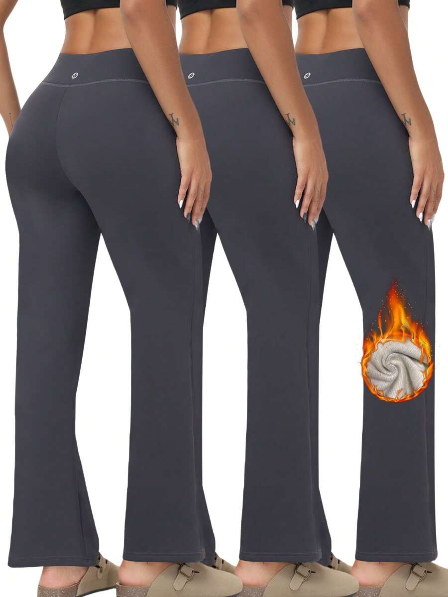 3 Pieces Of Women's Casual Solid Color Drawstring Waist Sports Pants, Women's Solid Color Thermal Insulation Pants, Sports Yoga Pants, Casual Sports Pants, Outdoor Sports Pants, Wide Leg High Waist Side Pocket Casual Pants, Autumn And Winter Daily Casual Graduation And School Clothes, Female Teacher Clothes - 灰色 - 查看 1