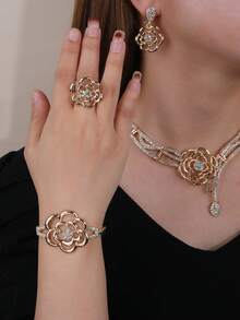 5件套沙特国庆节奢华夸张金色水钻镶嵌树叶设计项链、耳环、戒指、手链套装，适合女士婚礼派对佩戴 - 金黃色-6 - 查看 8