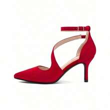 Sexy Crystal Ankle Strap Pointed Toe Stiletto Pumps – Elegant Wedding & Party Shoes For Women, New Arrival Heels - 紅色絨面革 - 查看 4