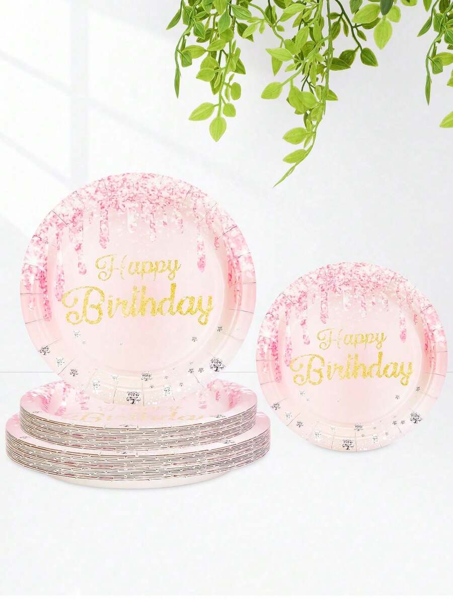 10个/20个/50个粉色和玫瑰金生日纸盘生日快乐餐具套装，适用于餐桌装饰用品，可爱金色7英寸甜点盘，9英寸餐盘，女士生日派对礼品用品 - 彩色 - 查看 1