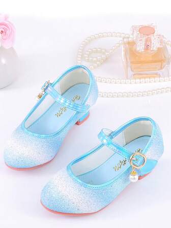 Zapatos de tacón alto con brillo degradado azul para niñas, zapatos de vestir de princesa para estudiantes y actuaciones en el escenario, nueva llegada 2025