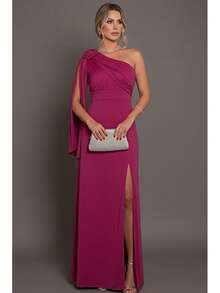 Bridesmaid Dress For Party Guests Reception Graduation Without Shine Cape Sleeve In Fluity Cpom Flower Brooch - Rose Red - View 2