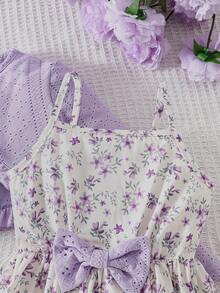 女童针织镂空提花荷叶边吊带连衣裙，饰有蝴蝶结印花，春秋季 - 彩色 - 查看 6