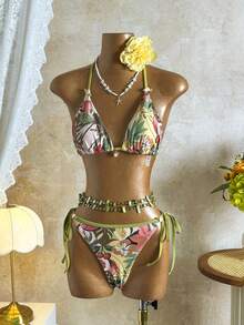 3件套性感网纱罩衫连衣裙复古热带印花比基尼泳衣，女士泳装，新年派对礼服，婚礼派对礼服，毕业礼服，无袖迷你裙，冬季外套，生日装，休闲，千禧，西式风格，夜店，户外热带度假海滩泳装 - 彩色 - 查看 11