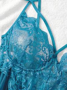 Plus Size Lace Camisole Nightgown, V-Neck Sleepwear, Mesh Nightdress With Side Slit - 薄荷綠 - 查看 6