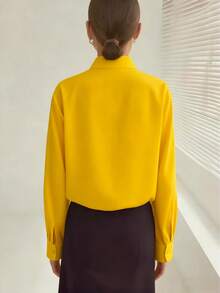 Women's Casual Solid Color Button-Up Office Shirt Spring - Yellow - View 3