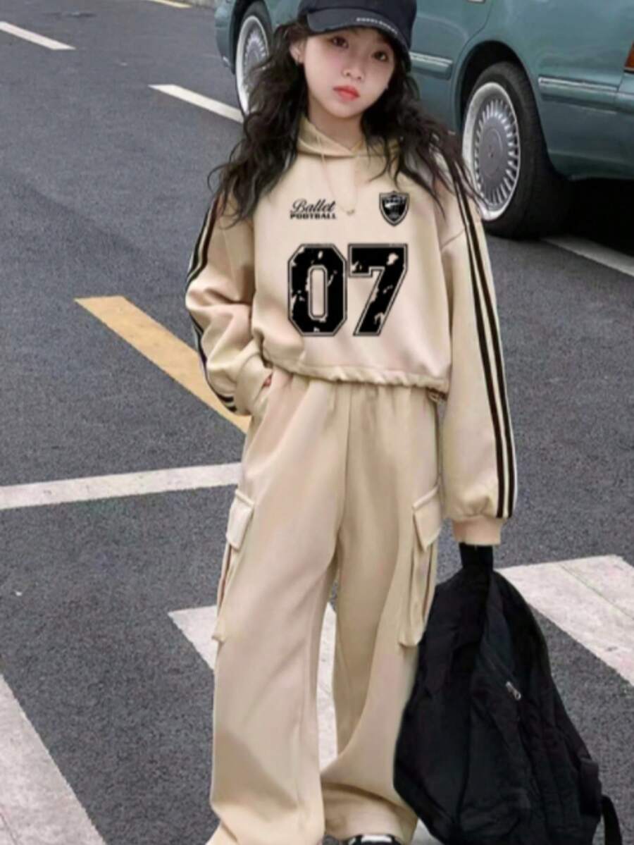 2pcs Girls Set, Girls Graphic Letter Print Hoodie, Casual Cargo Pants - Apricot - View 1