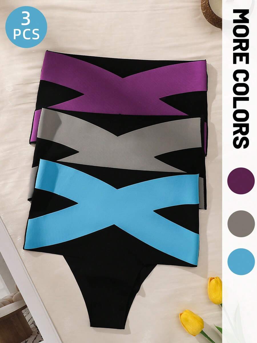 3pcs Women's Seamless Crossover Pattern Hipster Briefs, Comfortable Fabric, Mid/High Waist - Multicolor - View 1