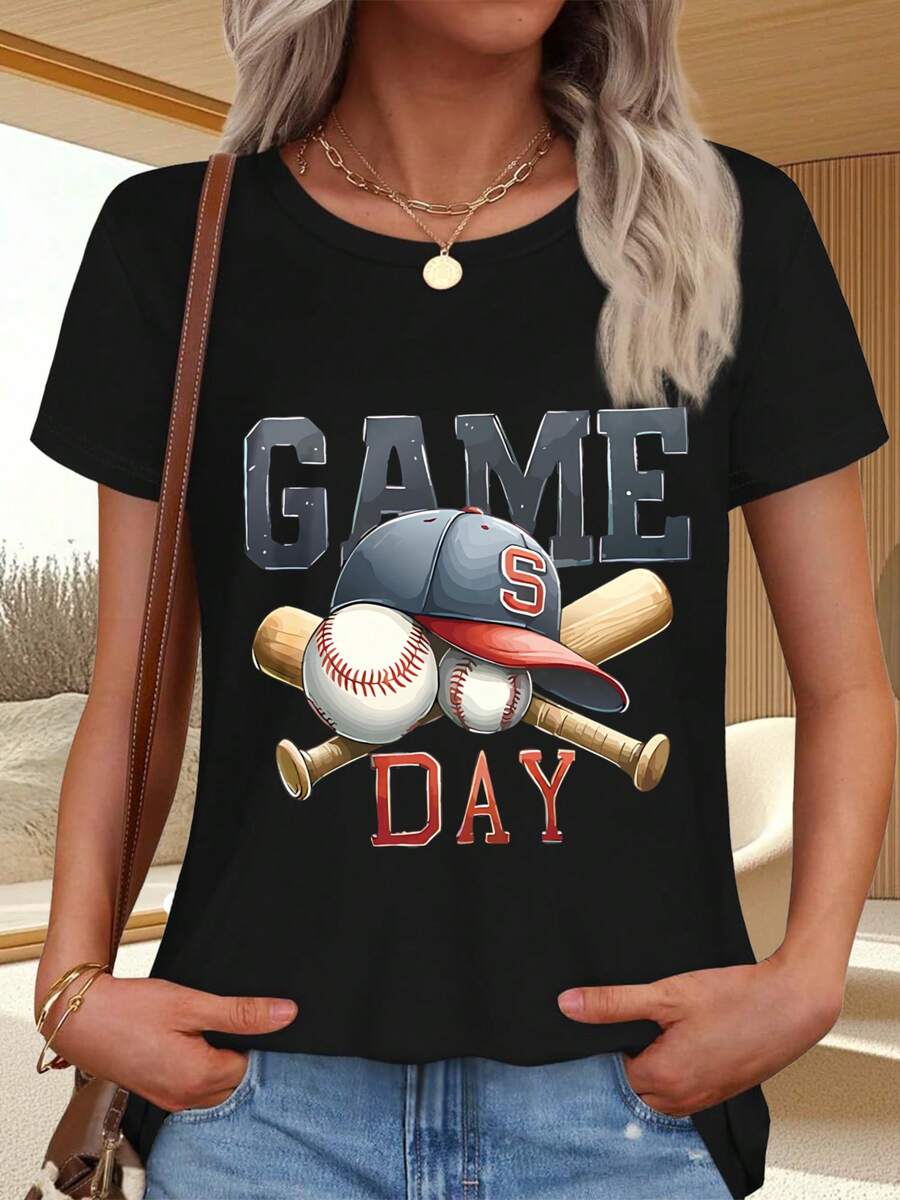 Baseball Print T-Shirt With Game Day Text - 黑色 - 查看 1