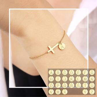1 pieza de pulsera minimalista de mujer de cobre sólido con diseño de cadena de eslabones con cruz y letra, regalo exclusivo para creyentes cristianos, accesorio de joyería religiosa para Pascua/